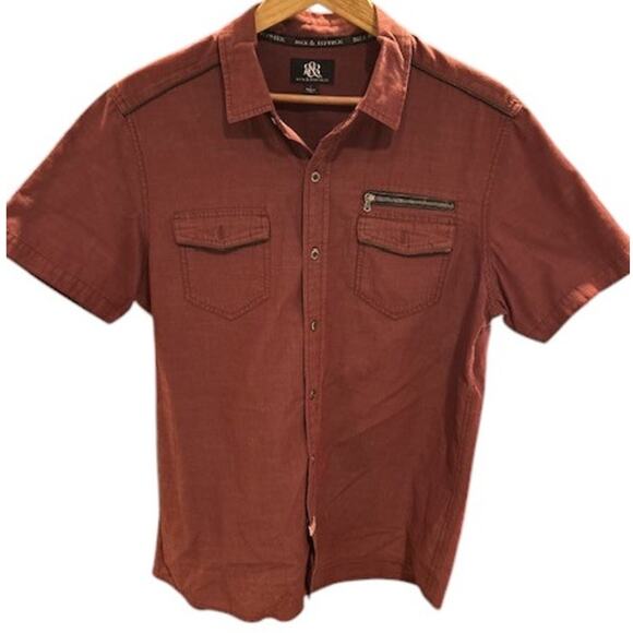 ROCK & REPUBLIC Maroon Button Up Shirt Short Sleeve Cotton Flap Pockets LARGE - Picture 1 of 10